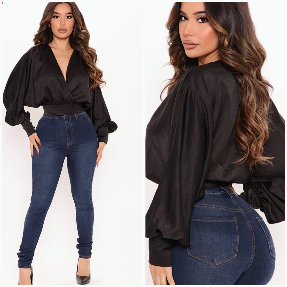 "Fashion Nova" Black Satin Classic Minimalist Long Sleeve Top 2X NWT